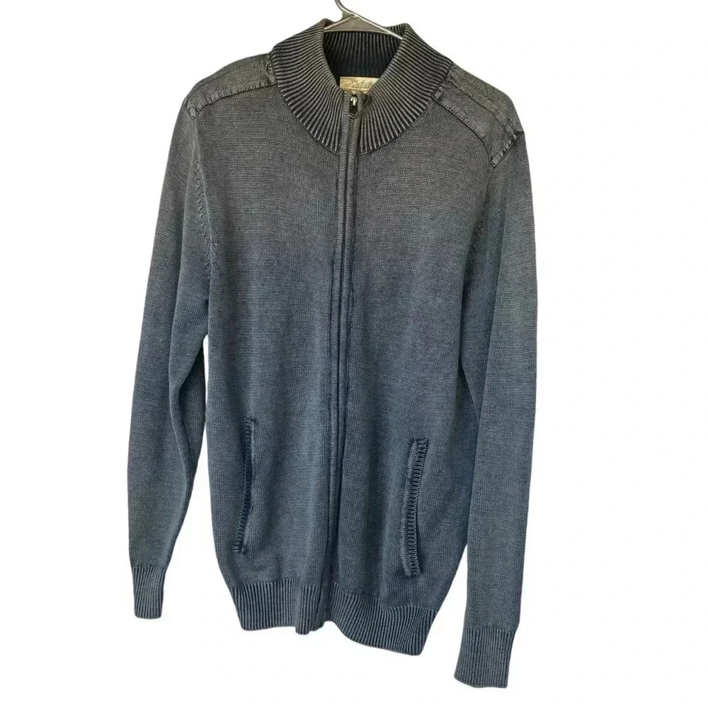 Cabela's Full Zip Cardigan Sweater Men's M blue grey wash mock neck knit ribbed